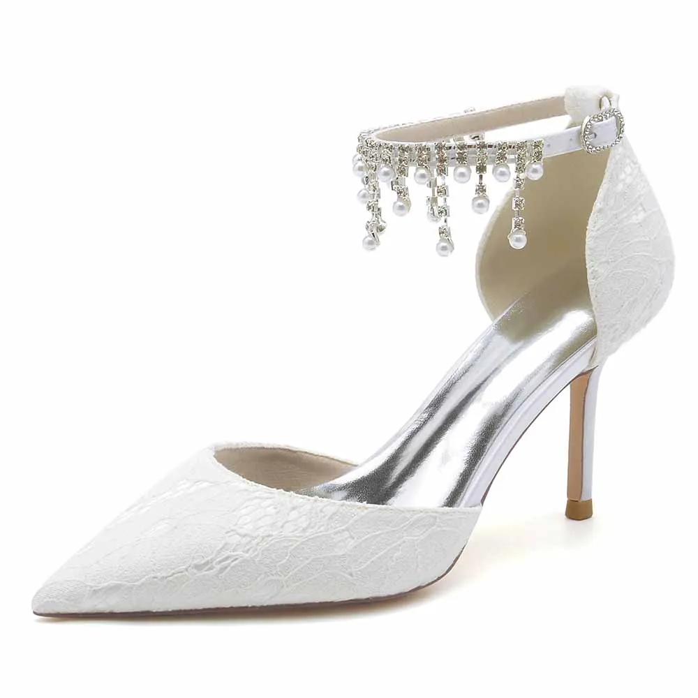 Lace Heels Ankle Strap Pumps With Pearls Bride Party Heel