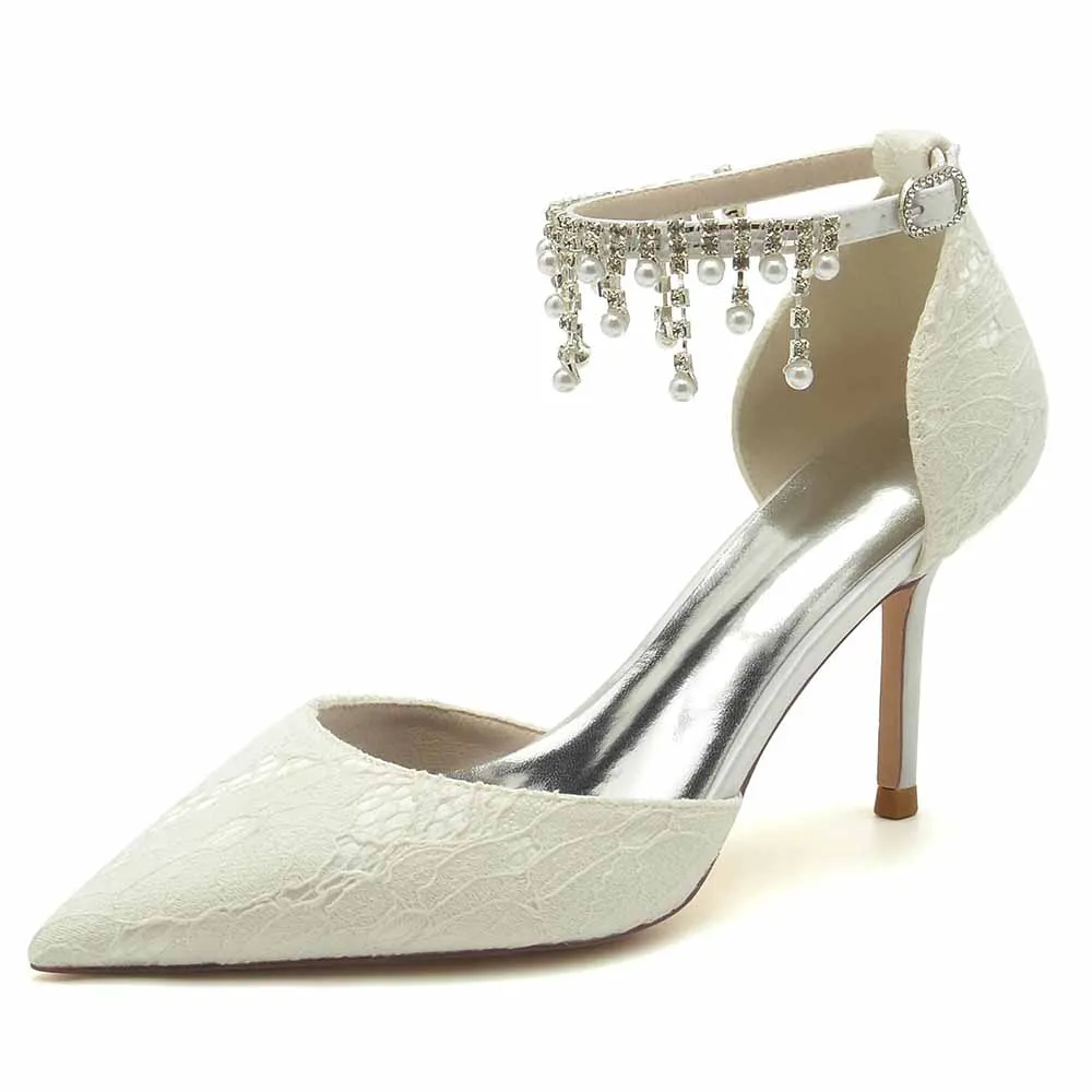 Lace Heels Ankle Strap Pumps With Pearls Bride Party Heel