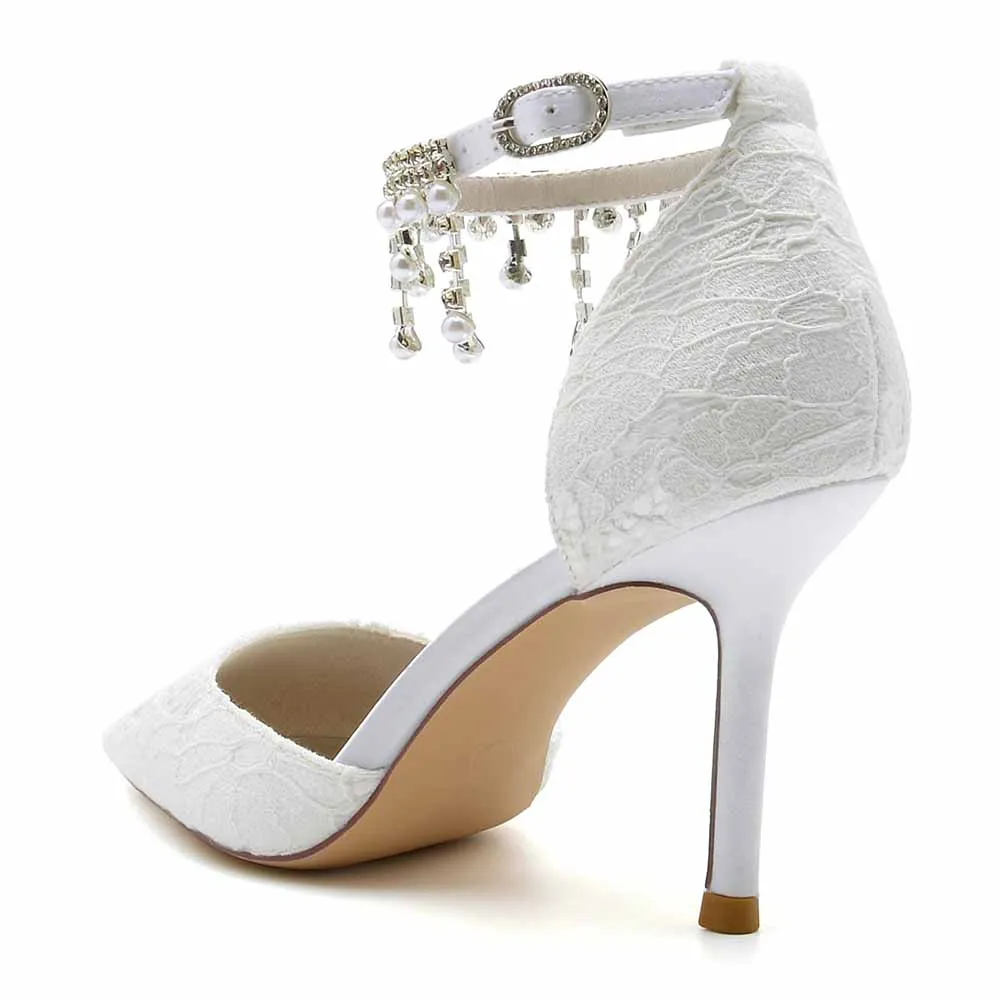 Lace Heels Ankle Strap Pumps With Pearls Bride Party Heel