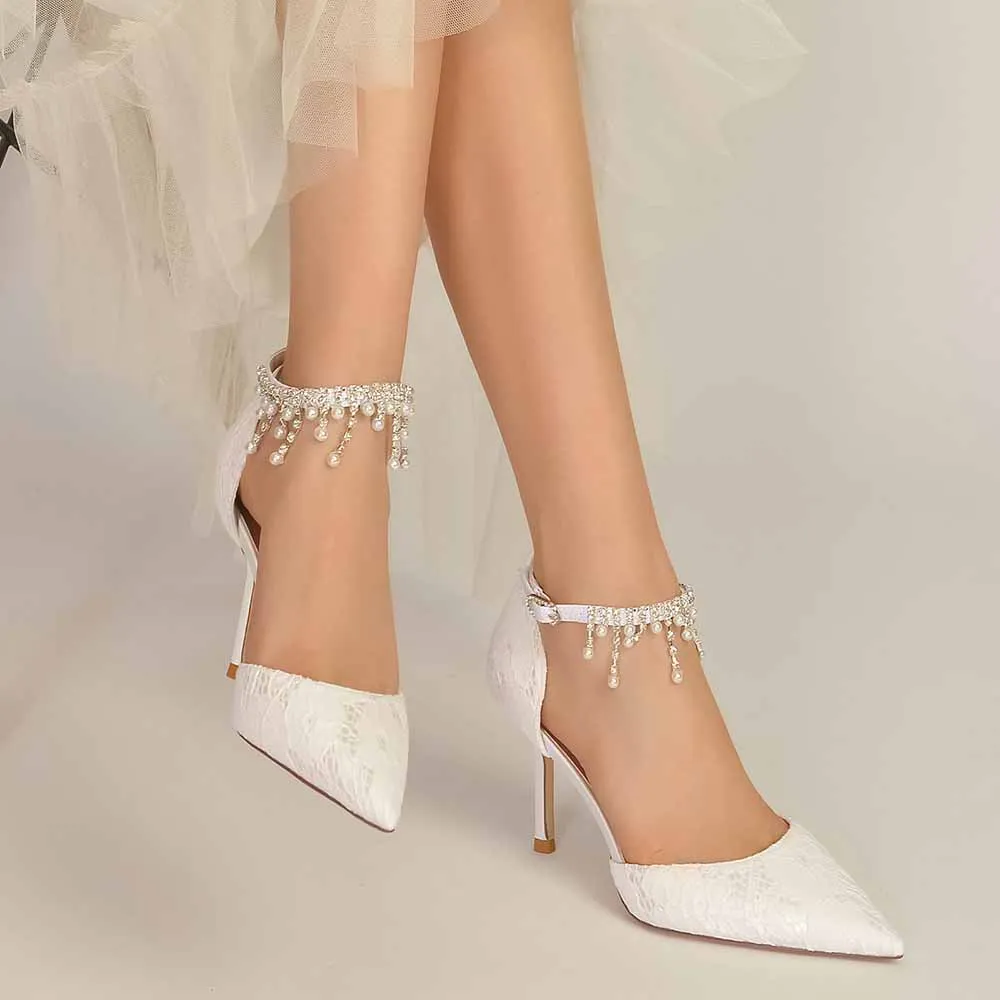 Lace Heels Ankle Strap Pumps With Pearls Bride Party Heel