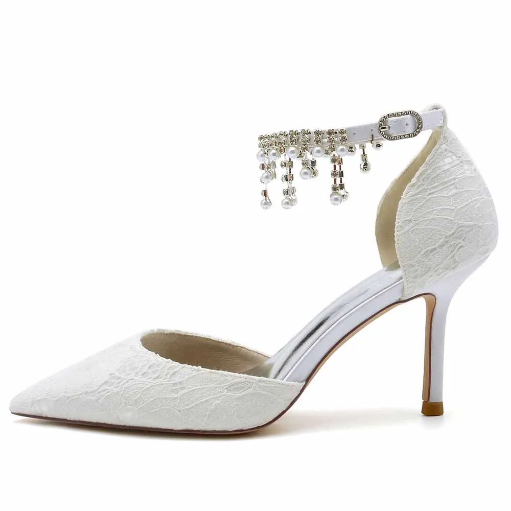 Lace Heels Ankle Strap Pumps With Pearls Bride Party Heel