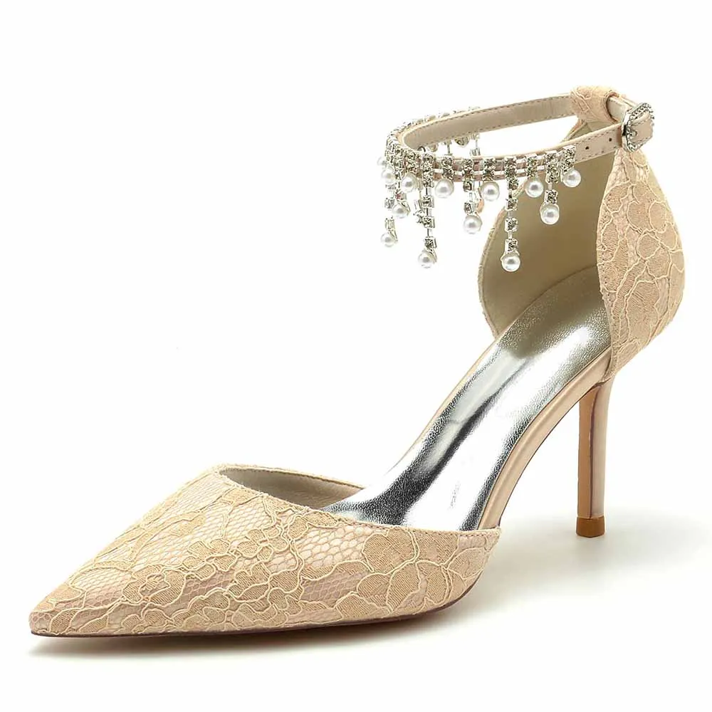 Lace Heels Ankle Strap Pumps With Pearls Bride Party Heel