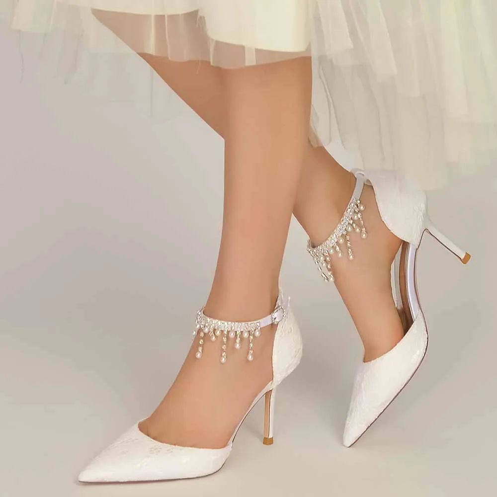 Lace Heels Ankle Strap Pumps With Pearls Bride Party Heel