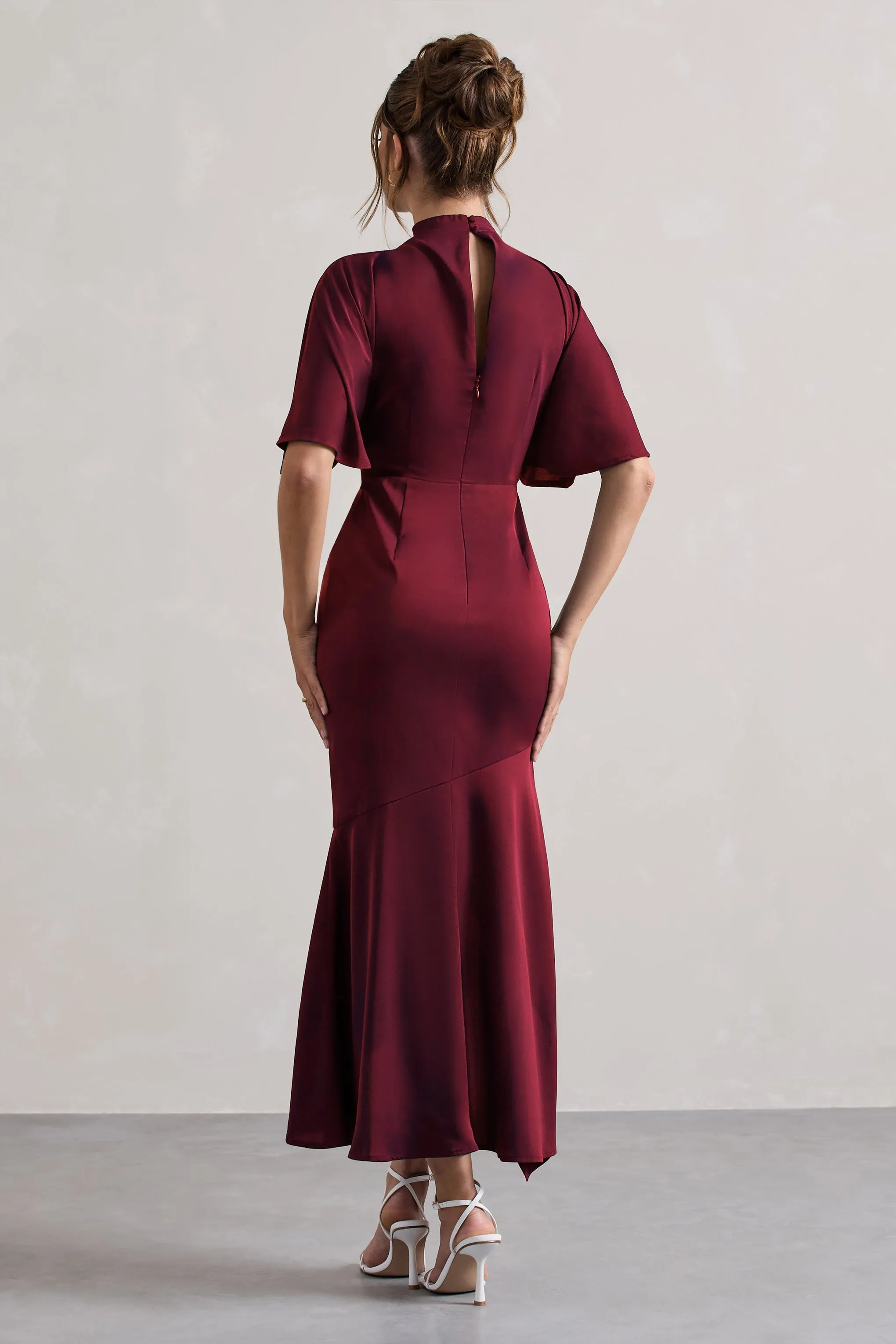 Lavinia | Berry High-Neck Flutter-Sleeve Asymmetric Maxi Dress