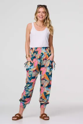 Leaf Print Tassel Pocket Harem Pants