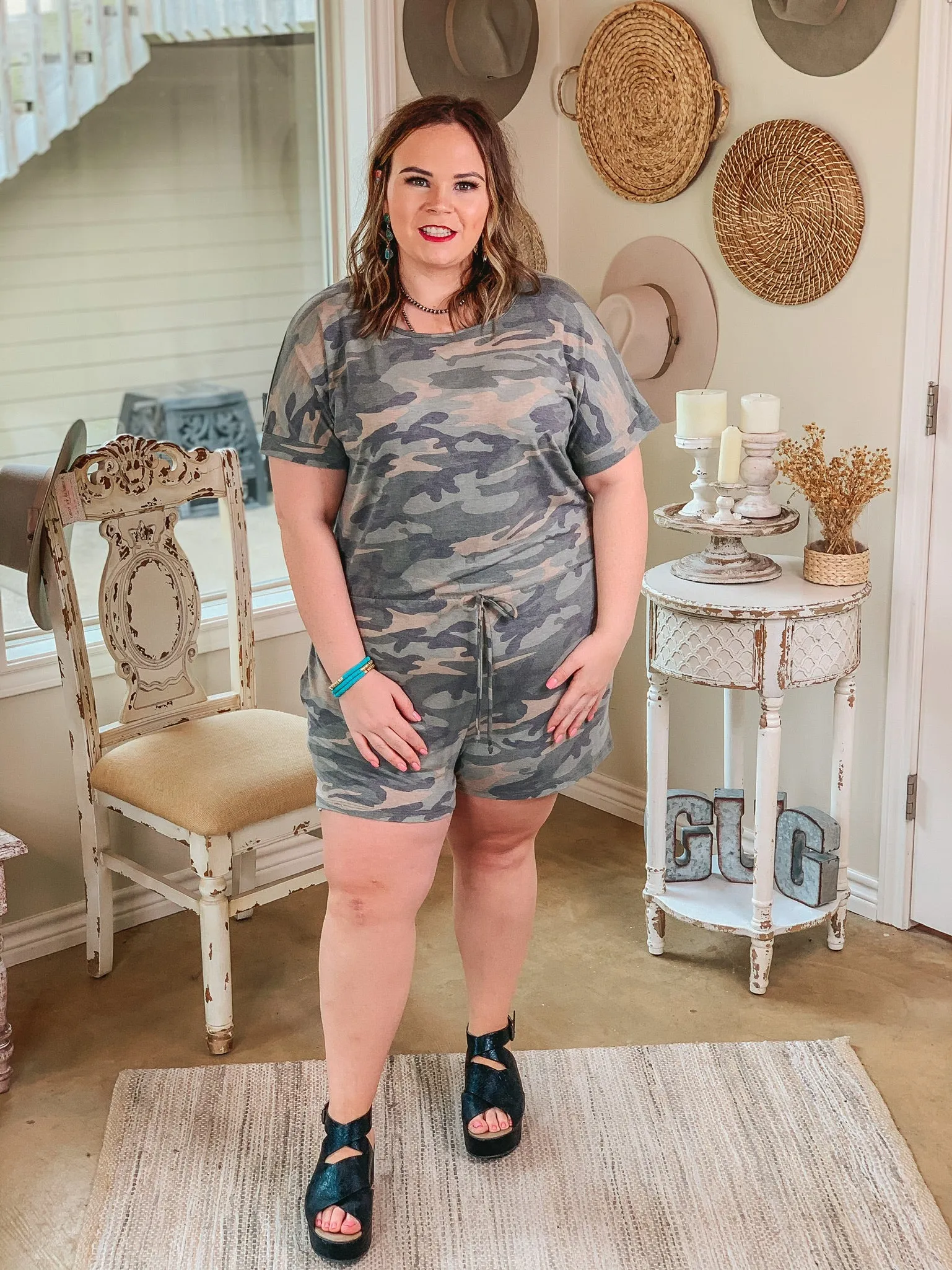 Let Me Loose Short Sleeve Drawstring Waist Tee Shirt Romper in Camouflage