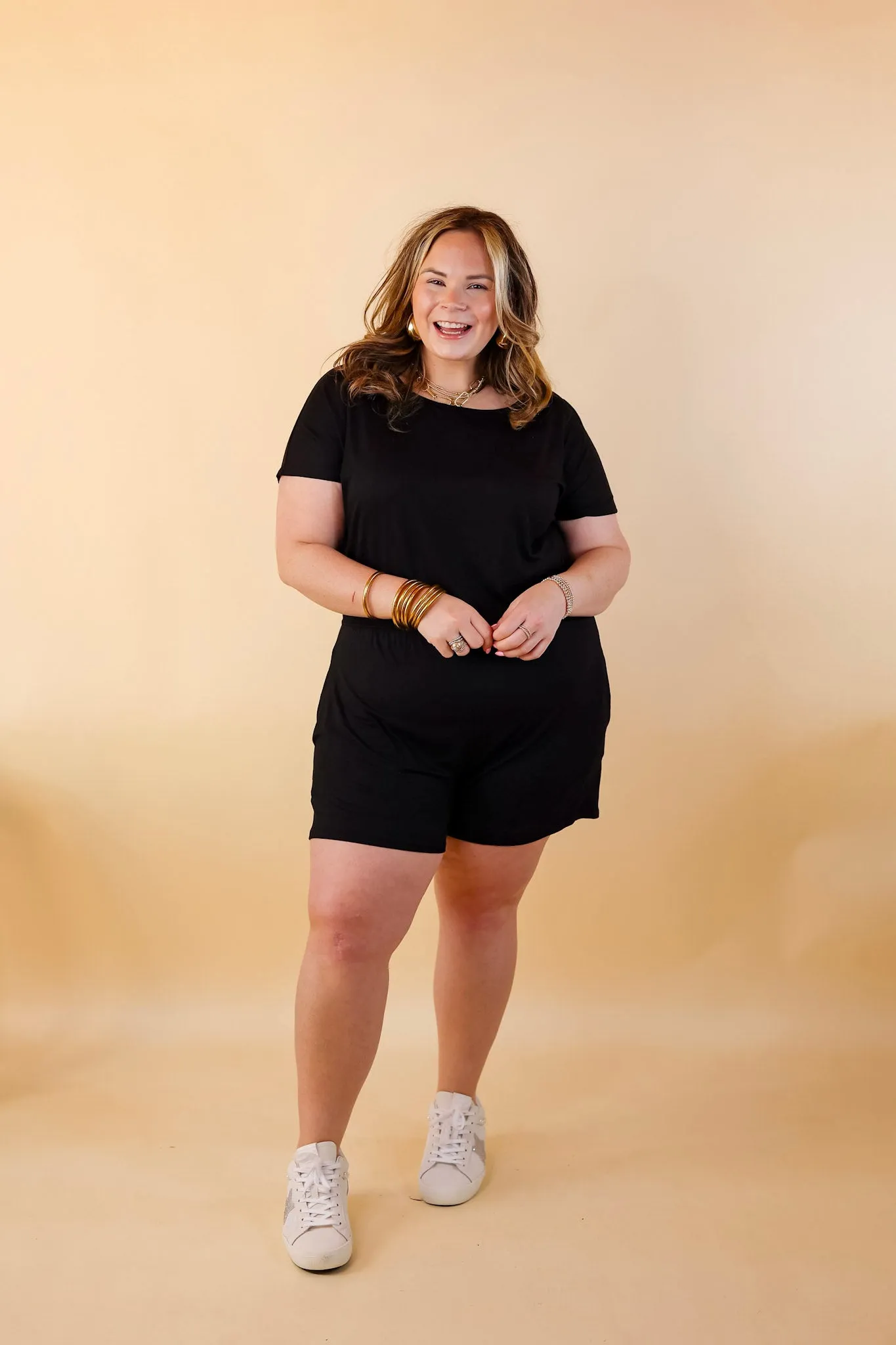 Let Me Loose Short Sleeve Tee Shirt Romper in Black