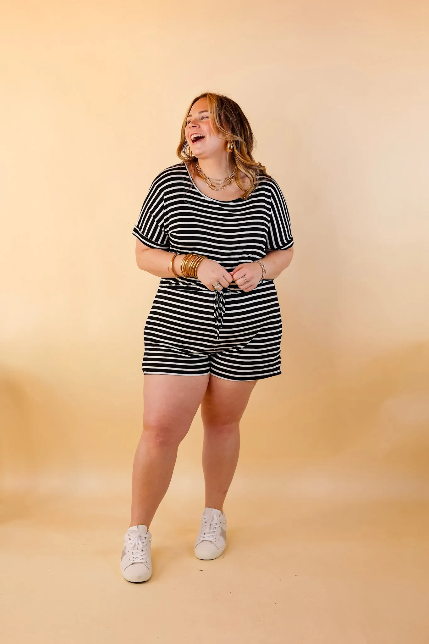 Let Me Loose Striped Short Sleeve Drawstring Waist Tee Shirt Romper in Black and Ivory