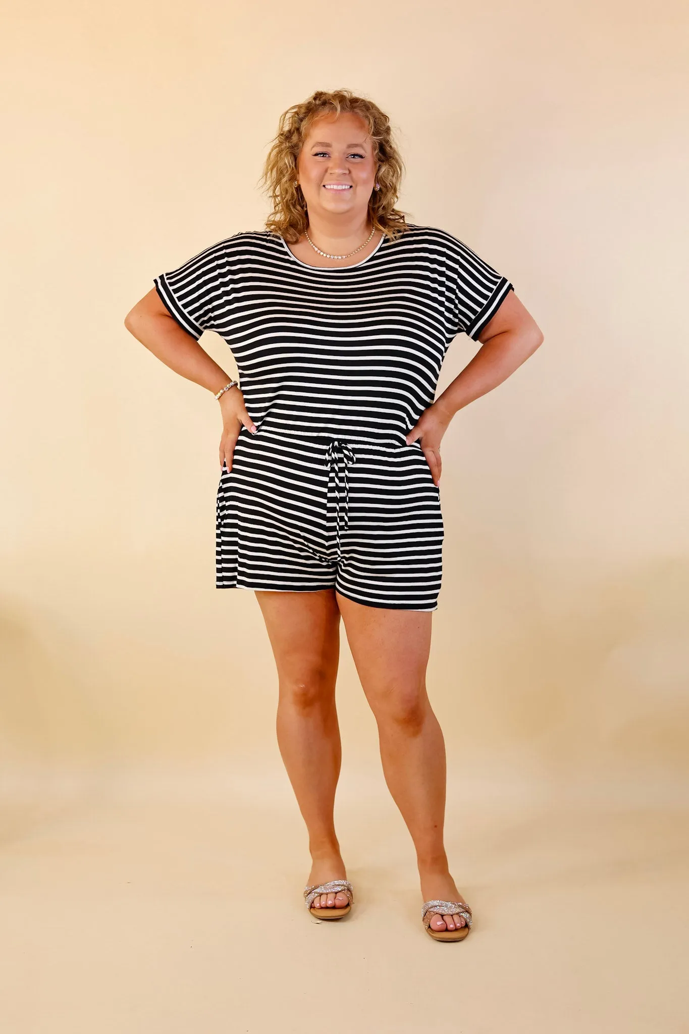 Let Me Loose Striped Short Sleeve Drawstring Waist Tee Shirt Romper in Black and Ivory