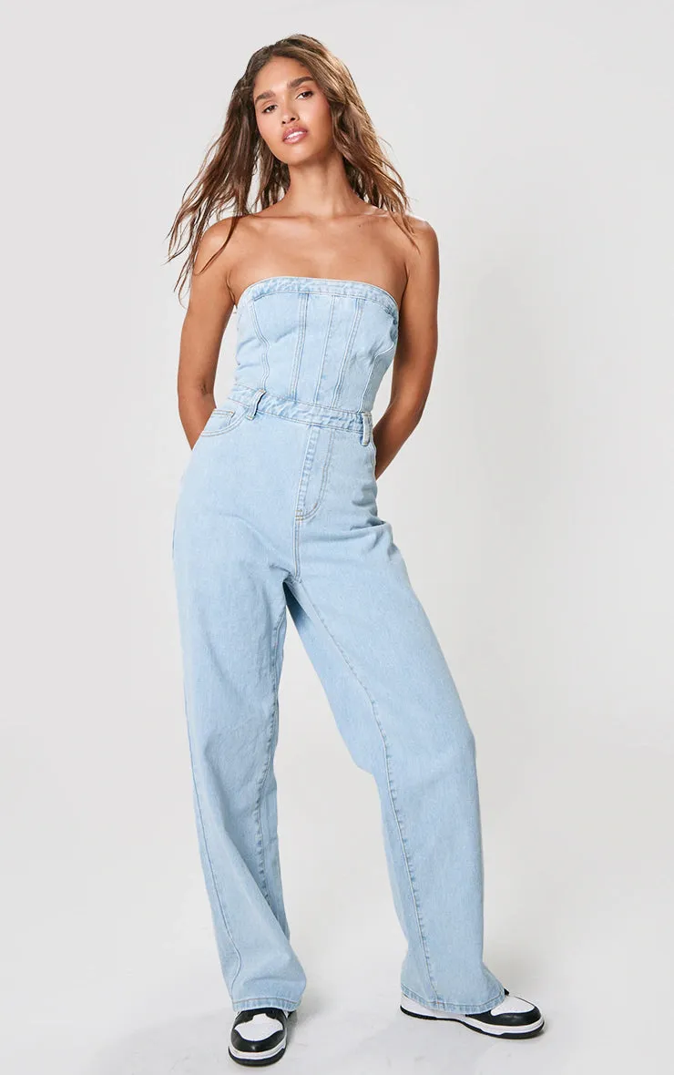 LIGHT BLUE WASH BANDEAU DENIM JUMPSUIT