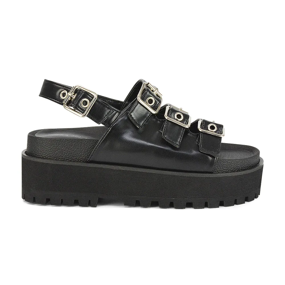 Lyric Buckle Detail Strappy Chunky Sole Flatform Sandals in Black