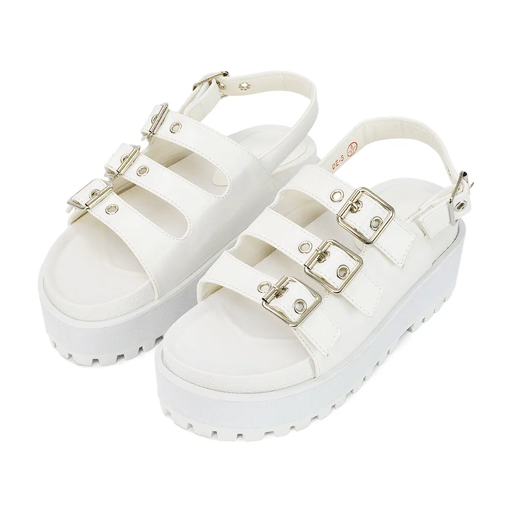 Lyric Buckle Detail Strappy Chunky Sole Flatform Sandals in White