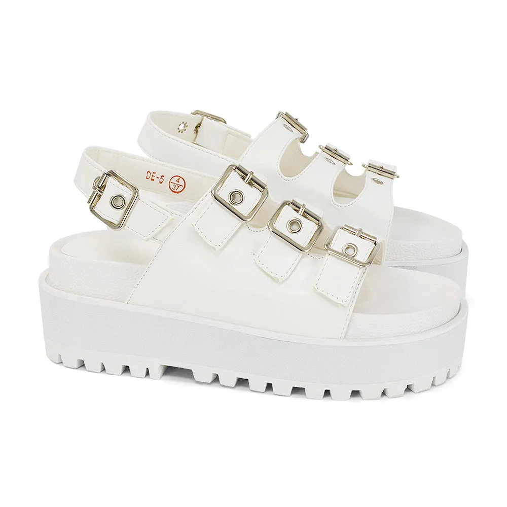 Lyric Buckle Detail Strappy Chunky Sole Flatform Sandals in White