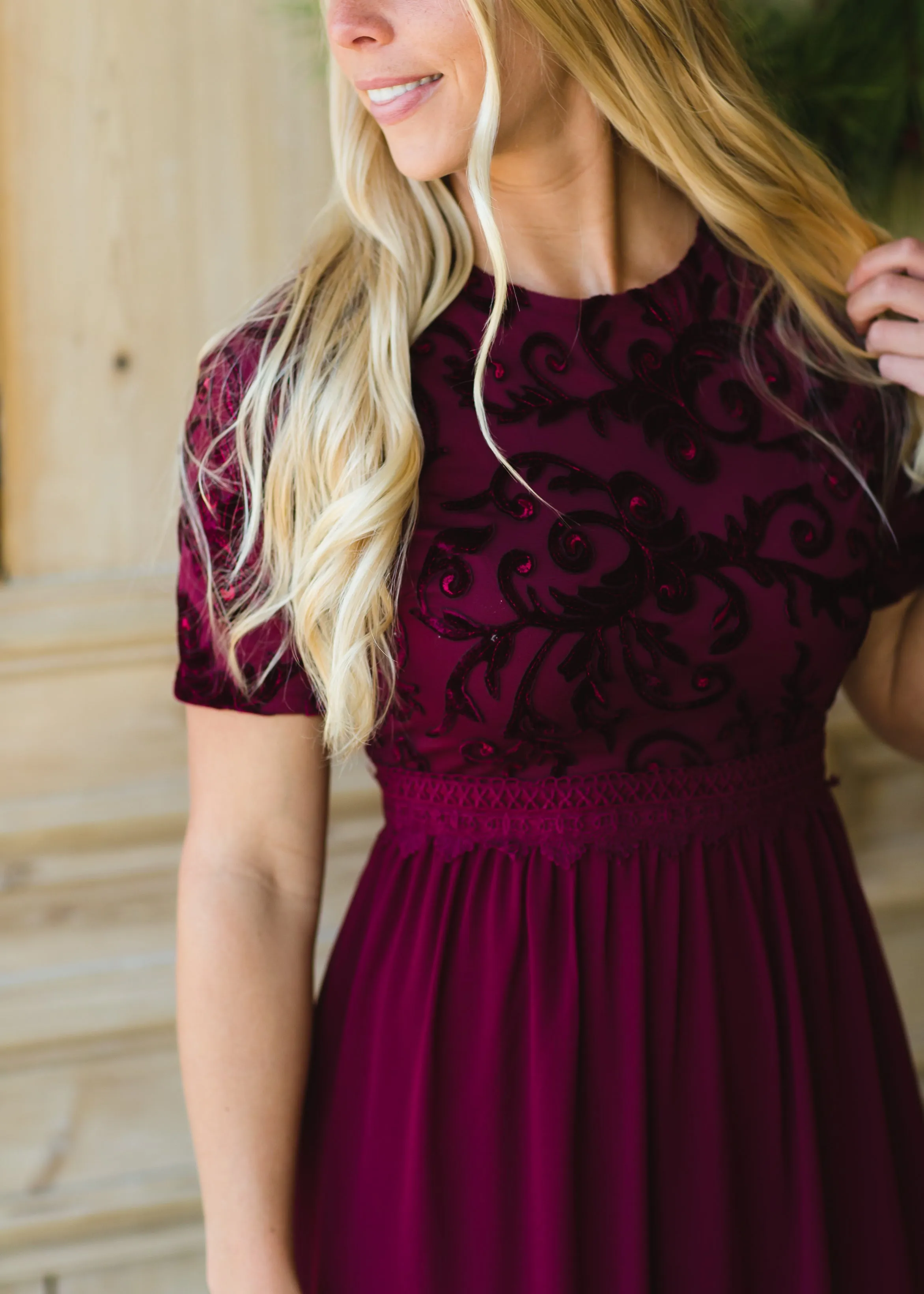 Maroon Velvet Lace Maxi Dress - FINAL SALE