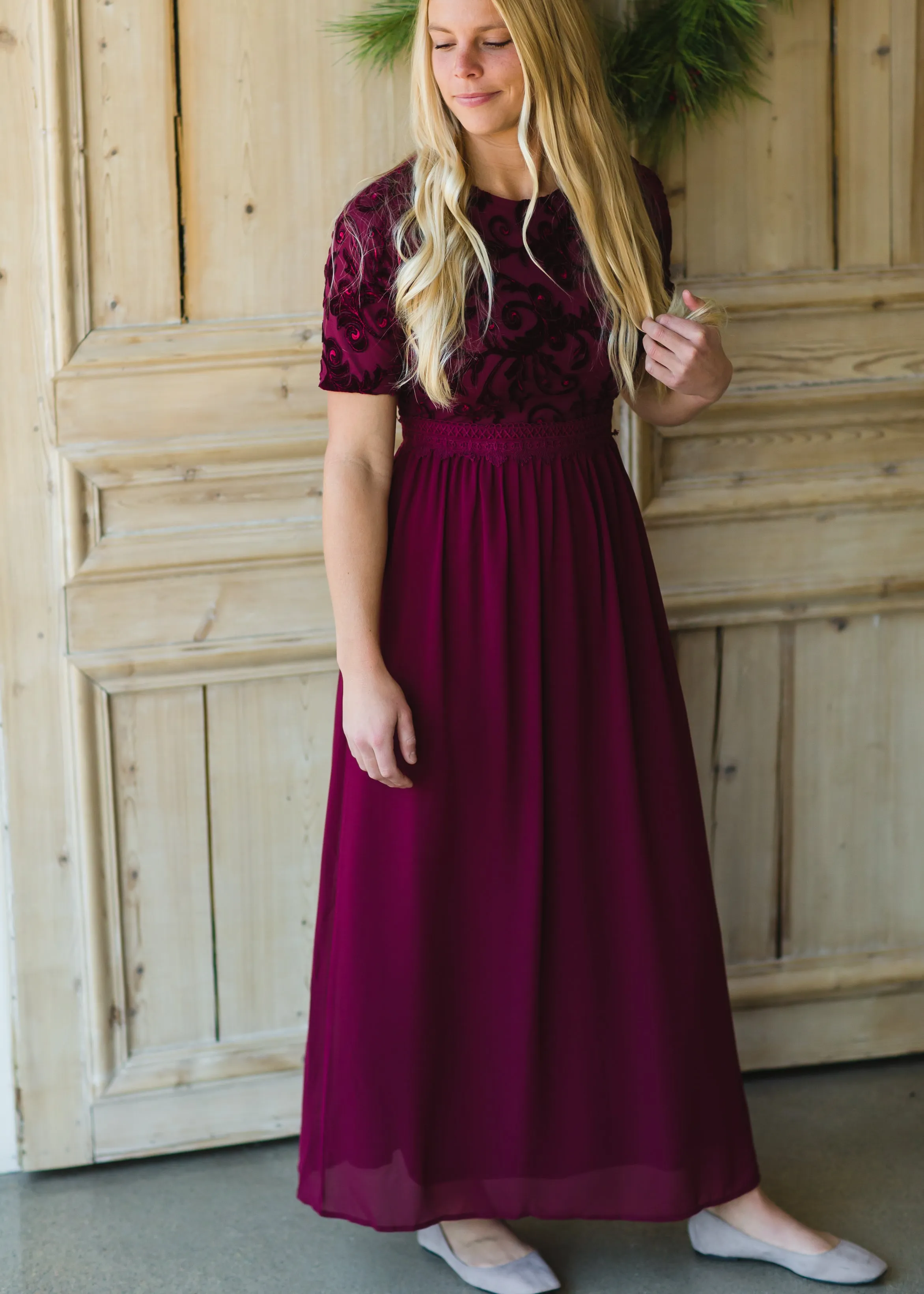 Maroon Velvet Lace Maxi Dress - FINAL SALE