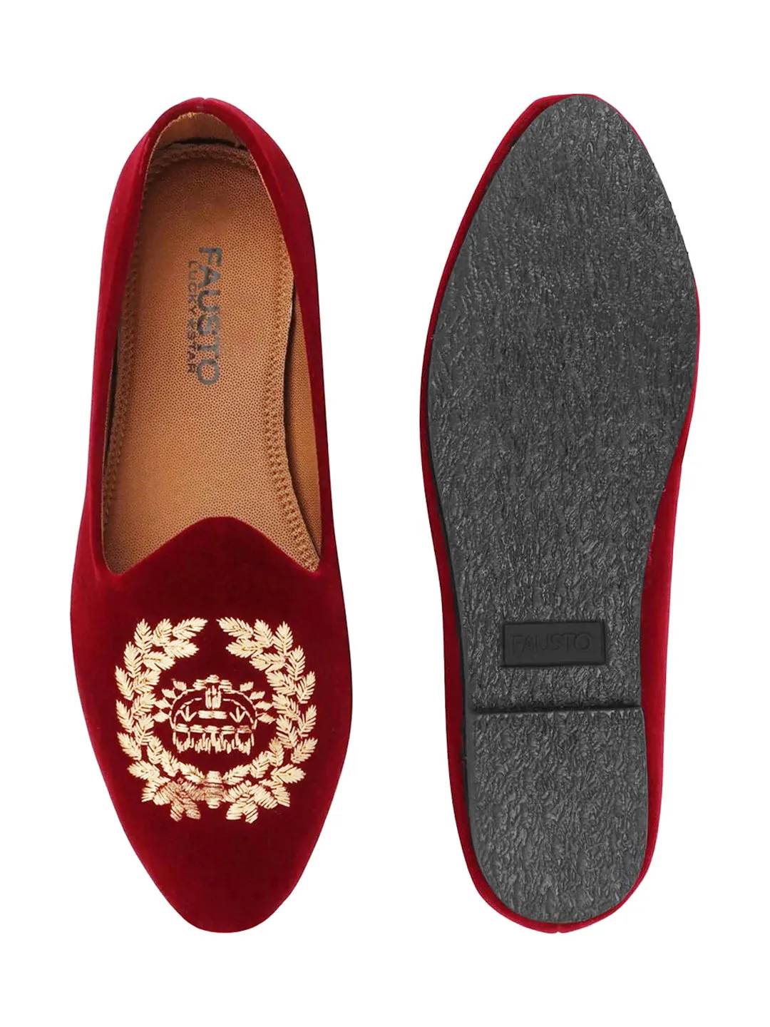 Men Red Velvet Leaf Print Embroidery Slip On Party Loafers