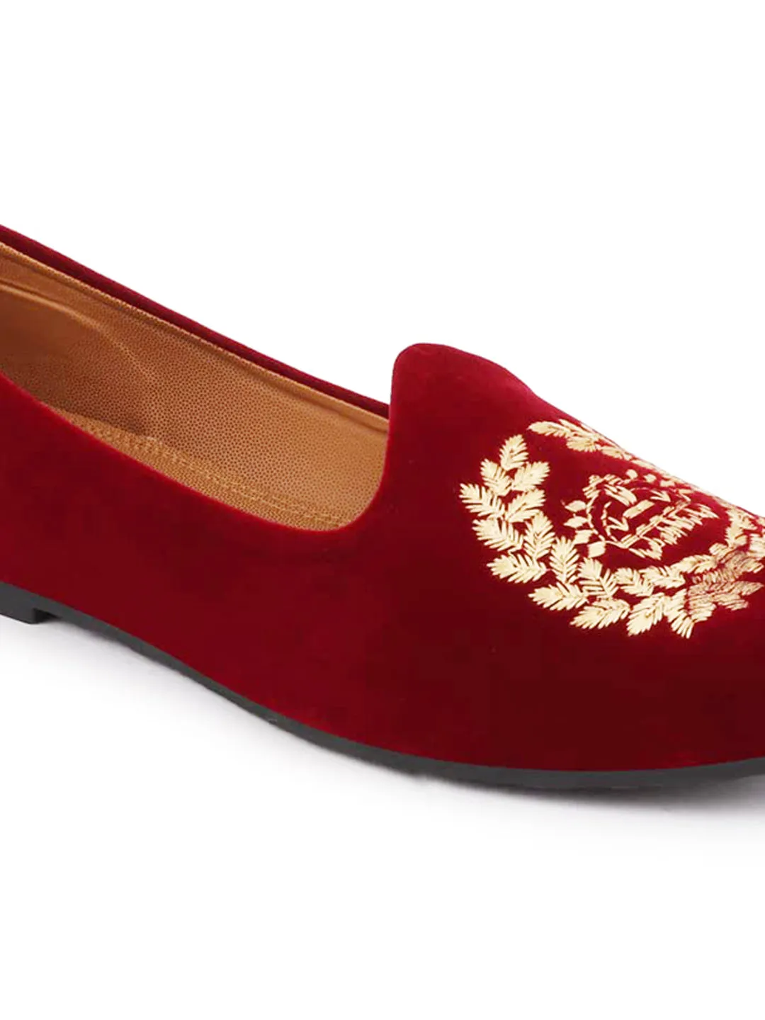 Men Red Velvet Leaf Print Embroidery Slip On Party Loafers