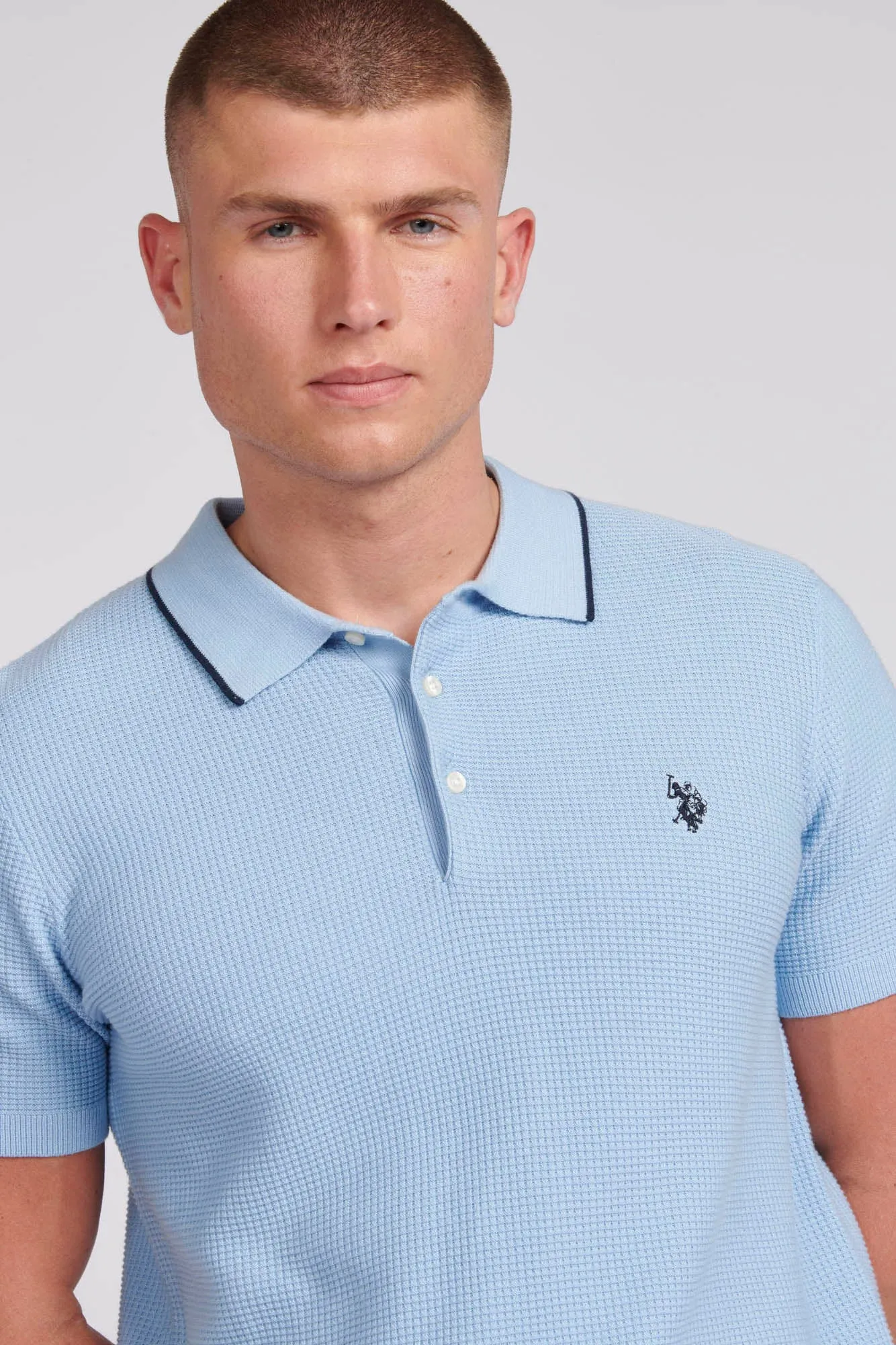 Mens Regular Fit Waffle Knit Polo Shirt in Chambray Blue