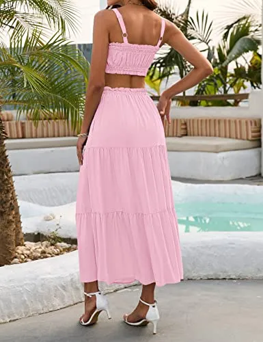 MEROKEETY Women Two Piece Outfit Ruched Crop Tank Drawstring Waist Long Skirt with Pockets Pink Medium