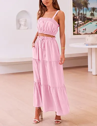 MEROKEETY Women Two Piece Outfit Ruched Crop Tank Drawstring Waist Long Skirt with Pockets Pink Medium