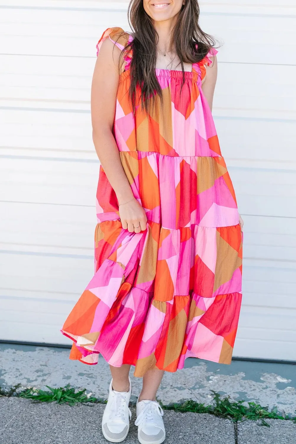 Multicolour Boho Geometric Ruffle Strap Tiered Midi Dress