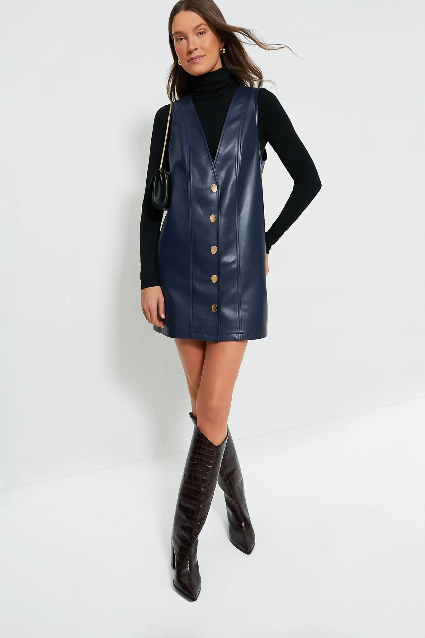 Navy Faux Leather Pinafore Dress