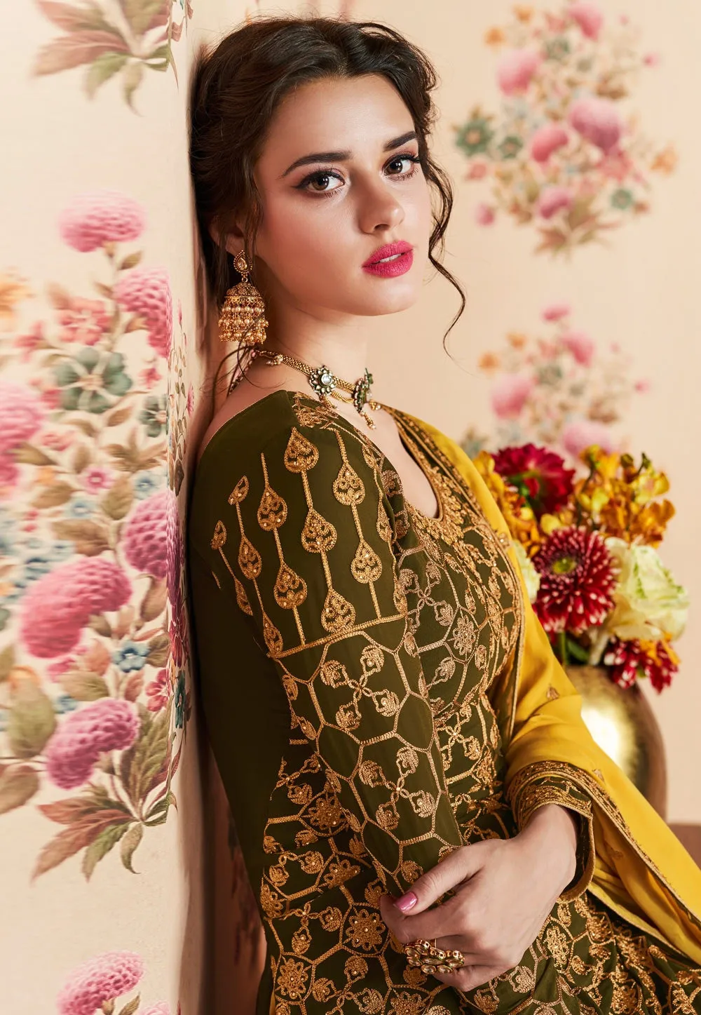 Olive And Yellow Embroidered Gharara Palazzo Suit