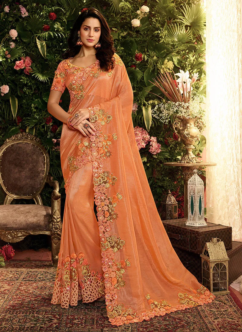 Orange Embroidered Designer Saree With Blouse