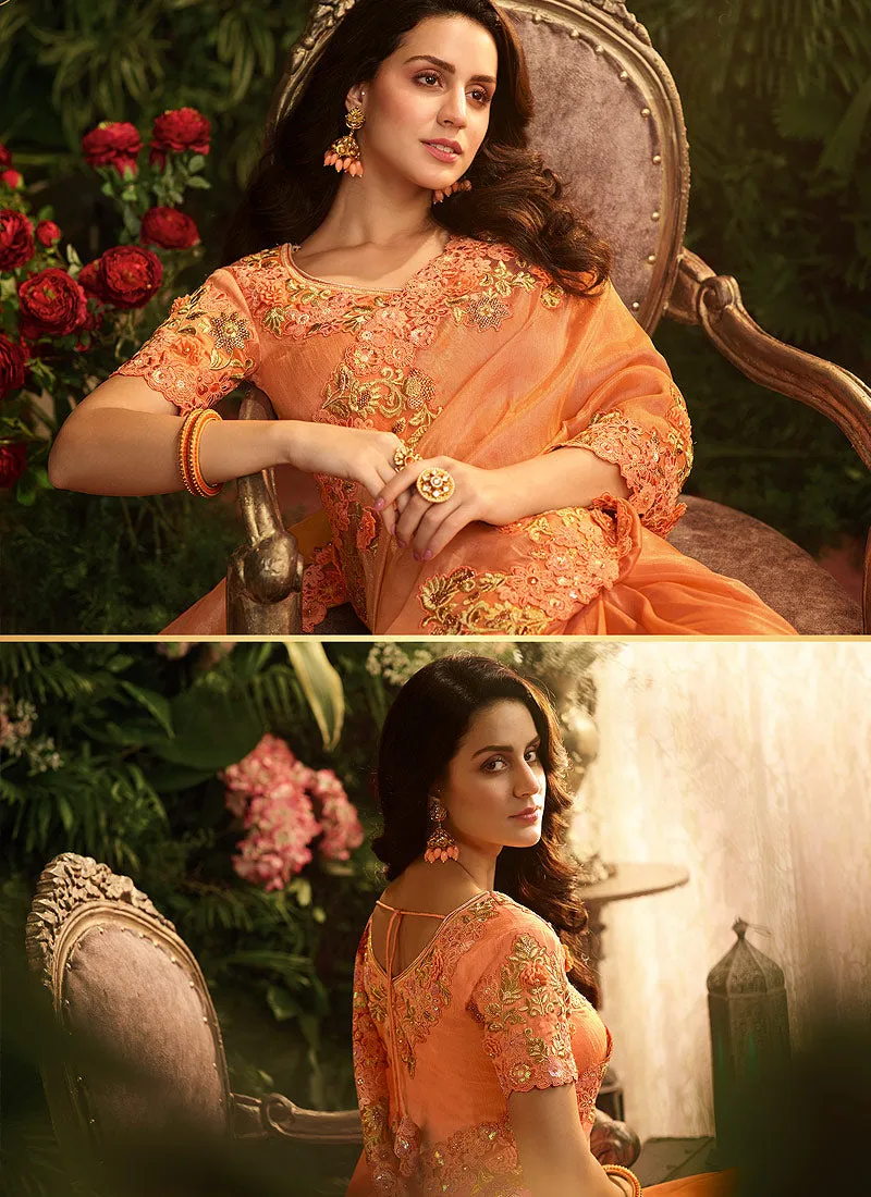 Orange Embroidered Designer Saree With Blouse