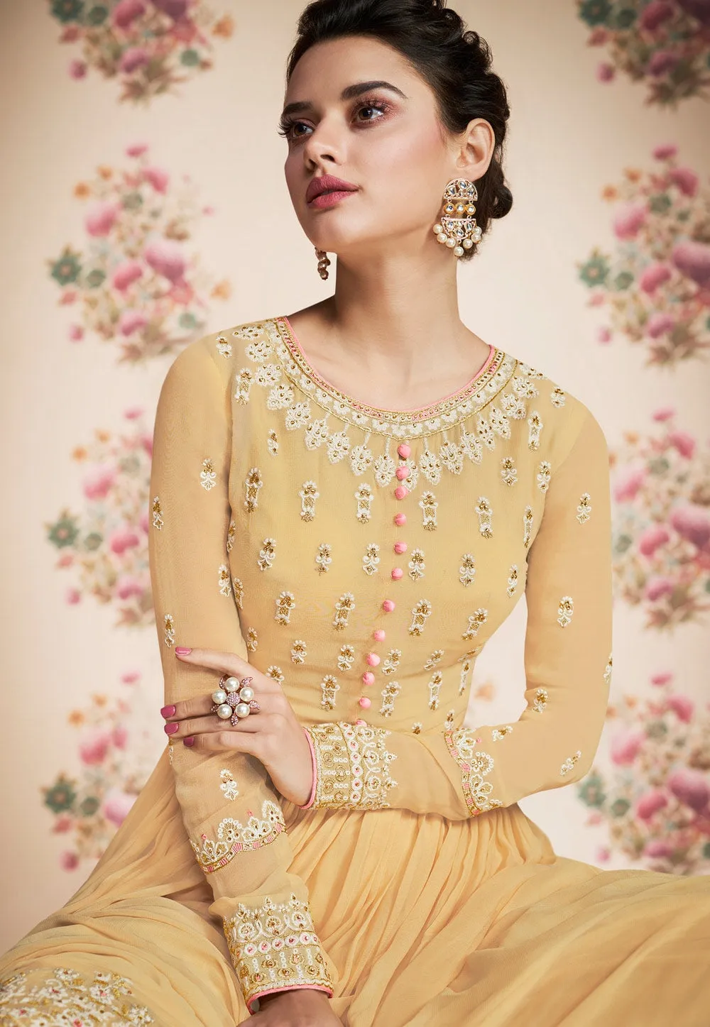 Pastel Yellow Embroidered Palazzo Suit