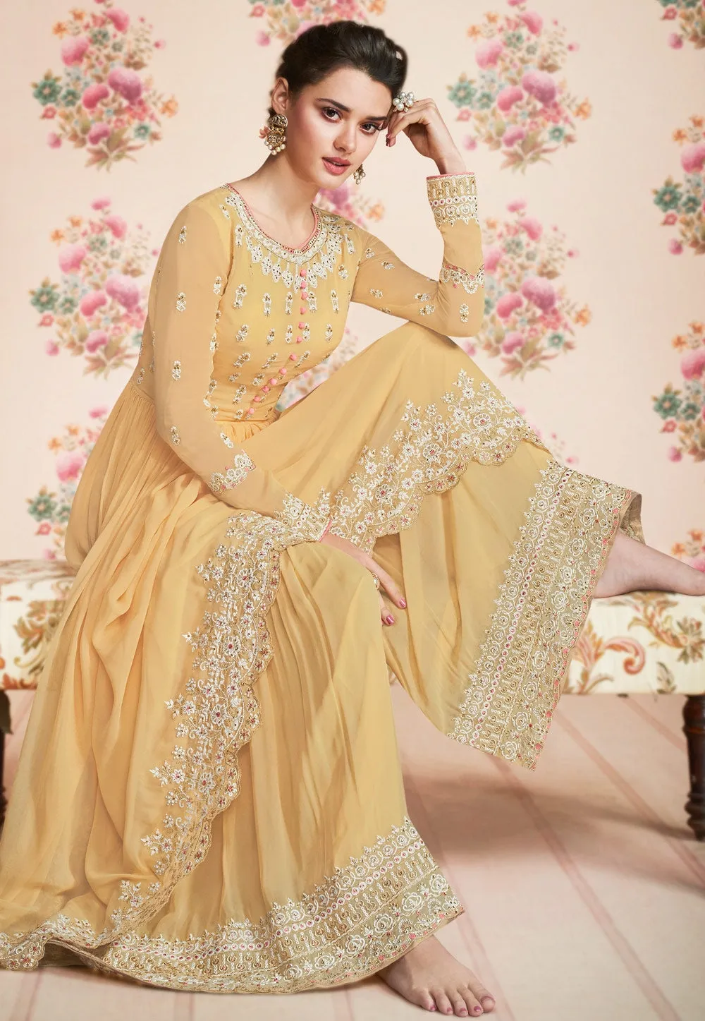 Pastel Yellow Embroidered Palazzo Suit