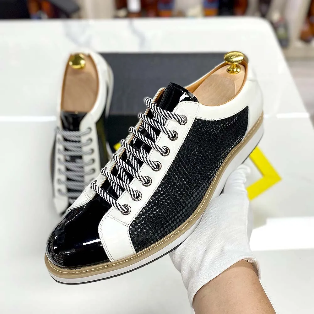 Patent Leather Lace-up Black White Sneakers