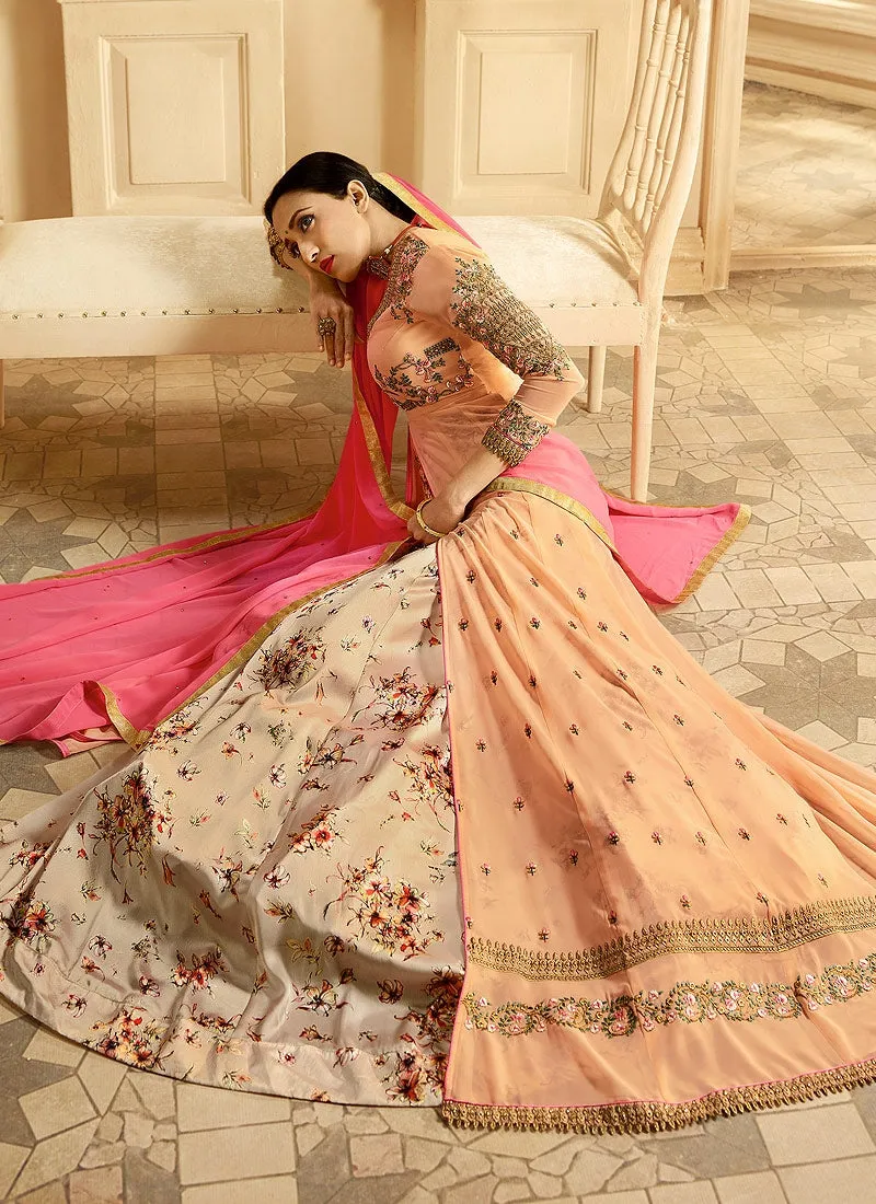 Peach And Pink Printed Slit Style Embroidered Anarkali Suit