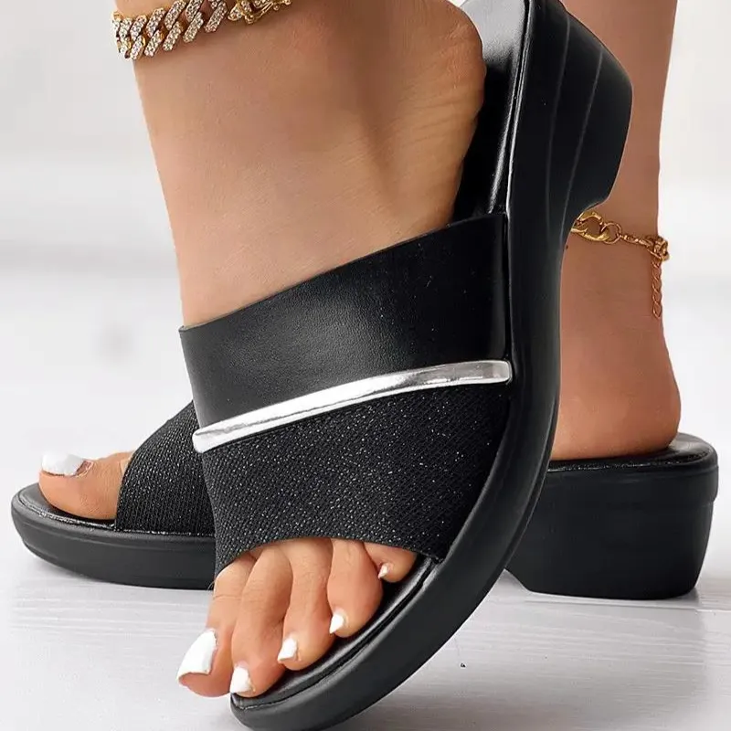 Peep Toe Wide Strap Wedge Slippers