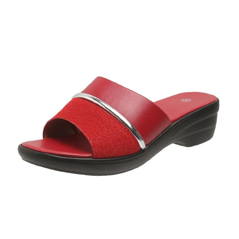 Peep Toe Wide Strap Wedge Slippers