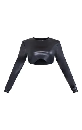 PETITE BLACK CRACKED FAUX LEATHER LONGSLEEVE TOP