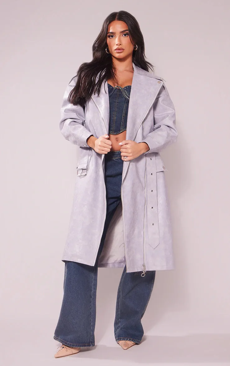 Petite Washed Grey Pu Biker Trench