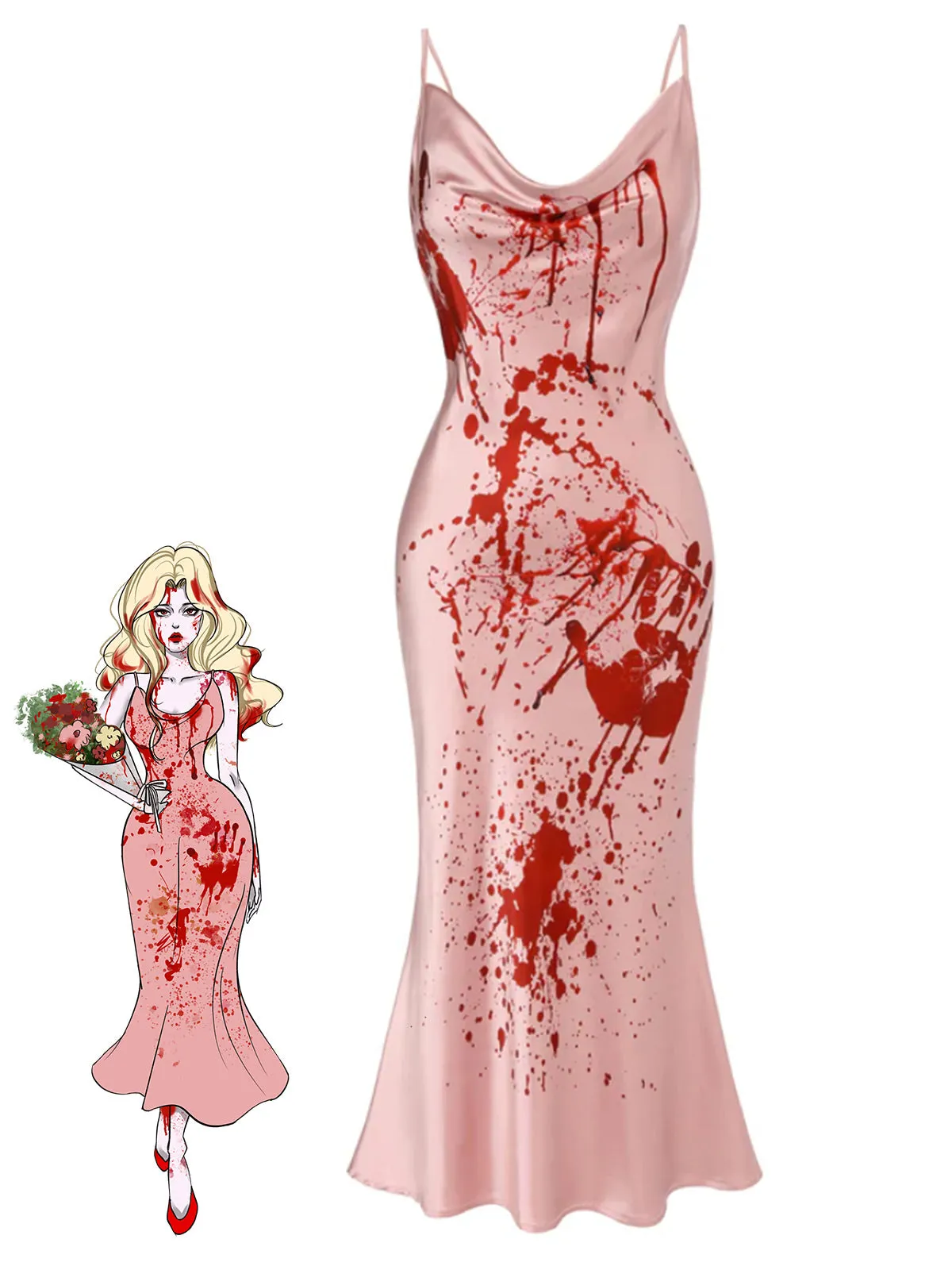 Pink 1930s Halloween Blood Fishtail Dress