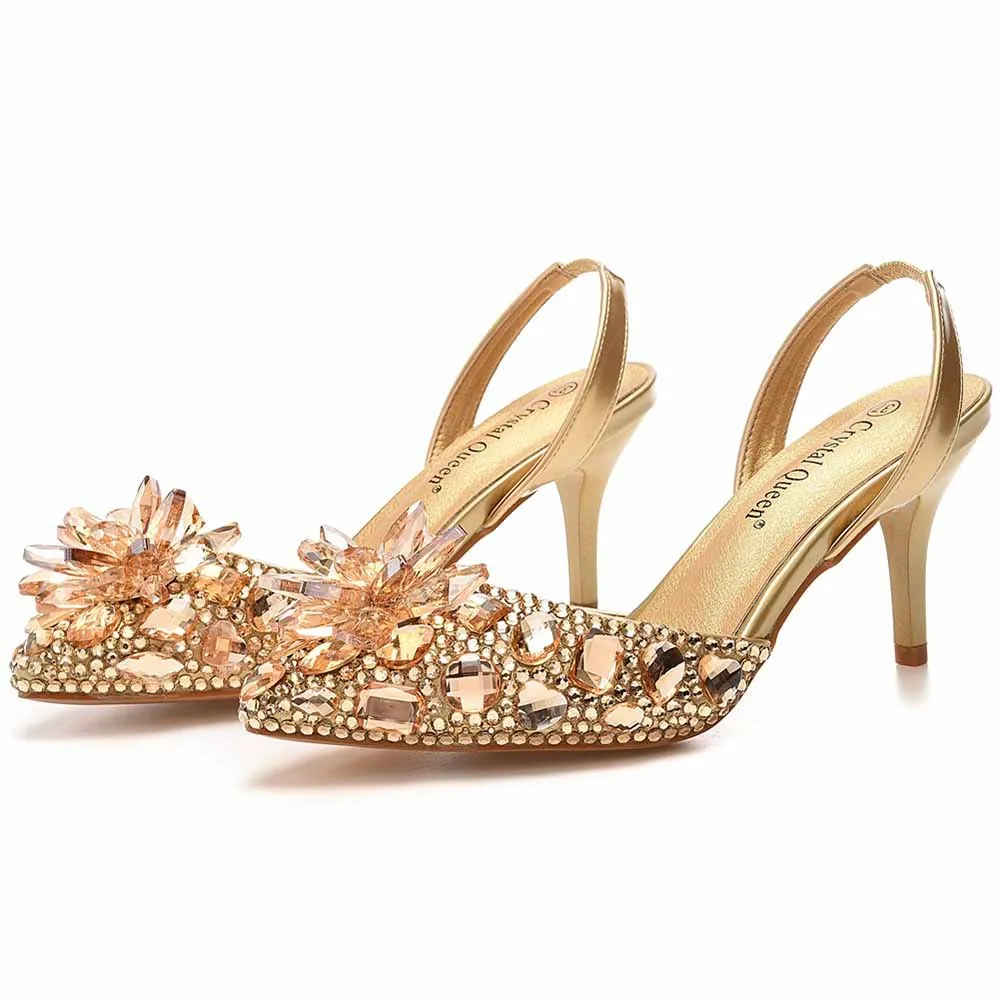 Pointed Toe Gold Rhinestone Crystal Low Prom Heels Wedding Shoes