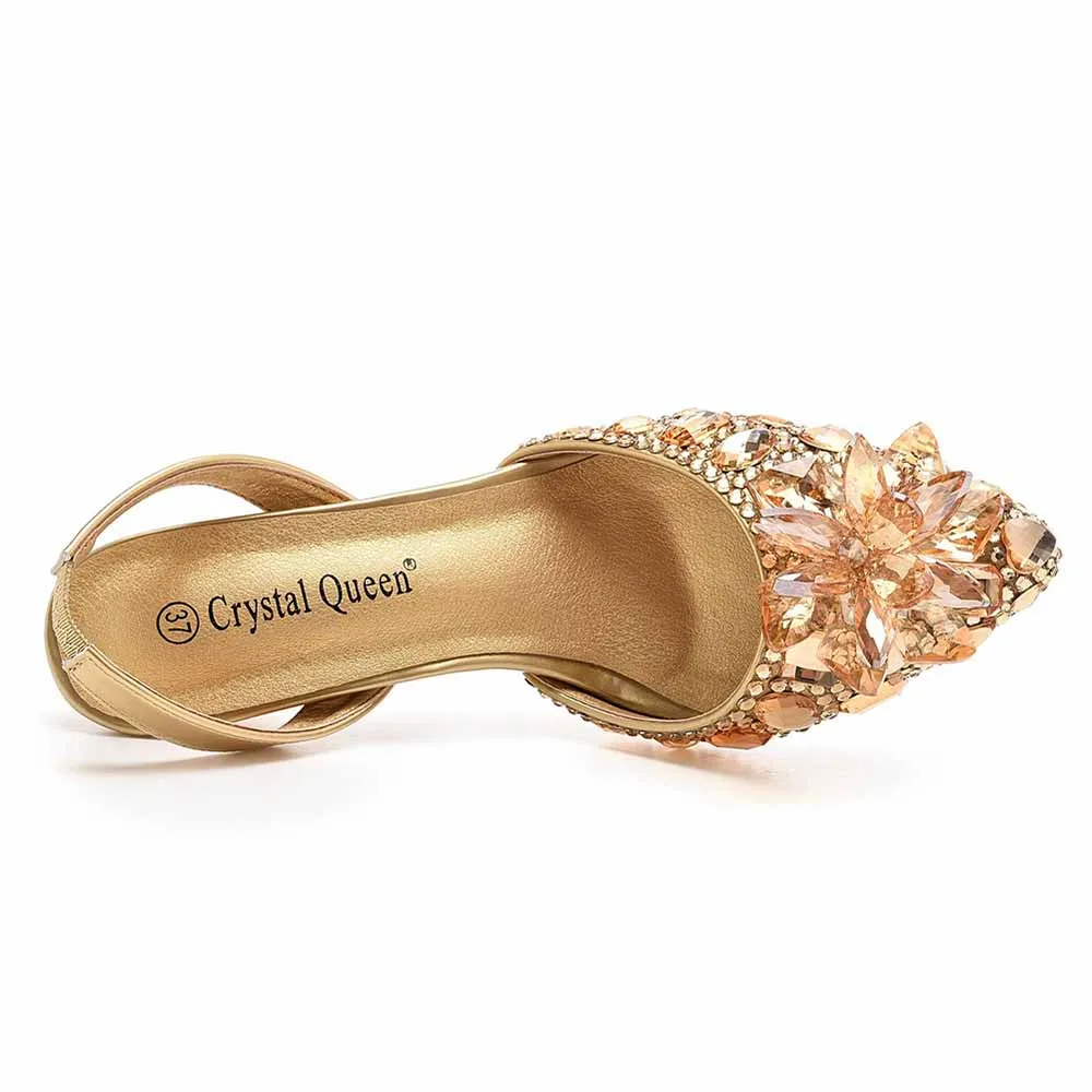 Pointed Toe Gold Rhinestone Crystal Low Prom Heels Wedding Shoes