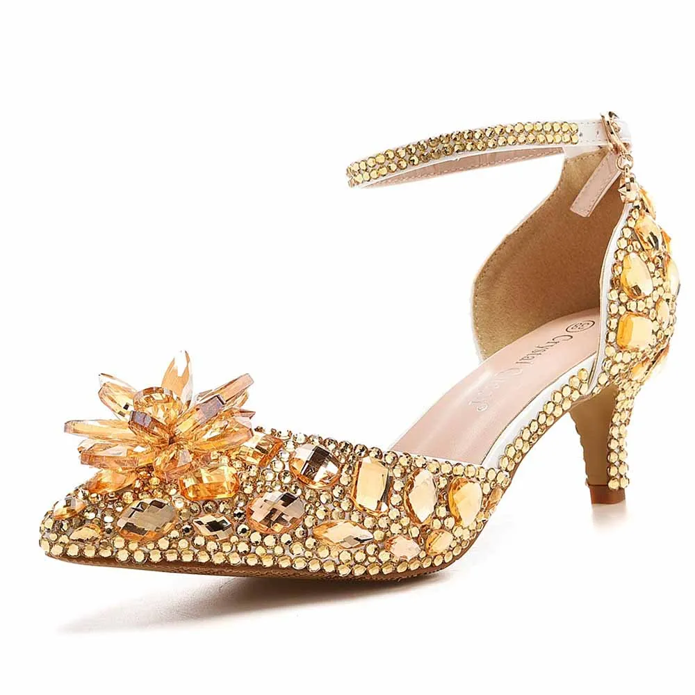 Pointed Toe Gold Rhinestone Crystal Low Prom Heels Wedding Shoes