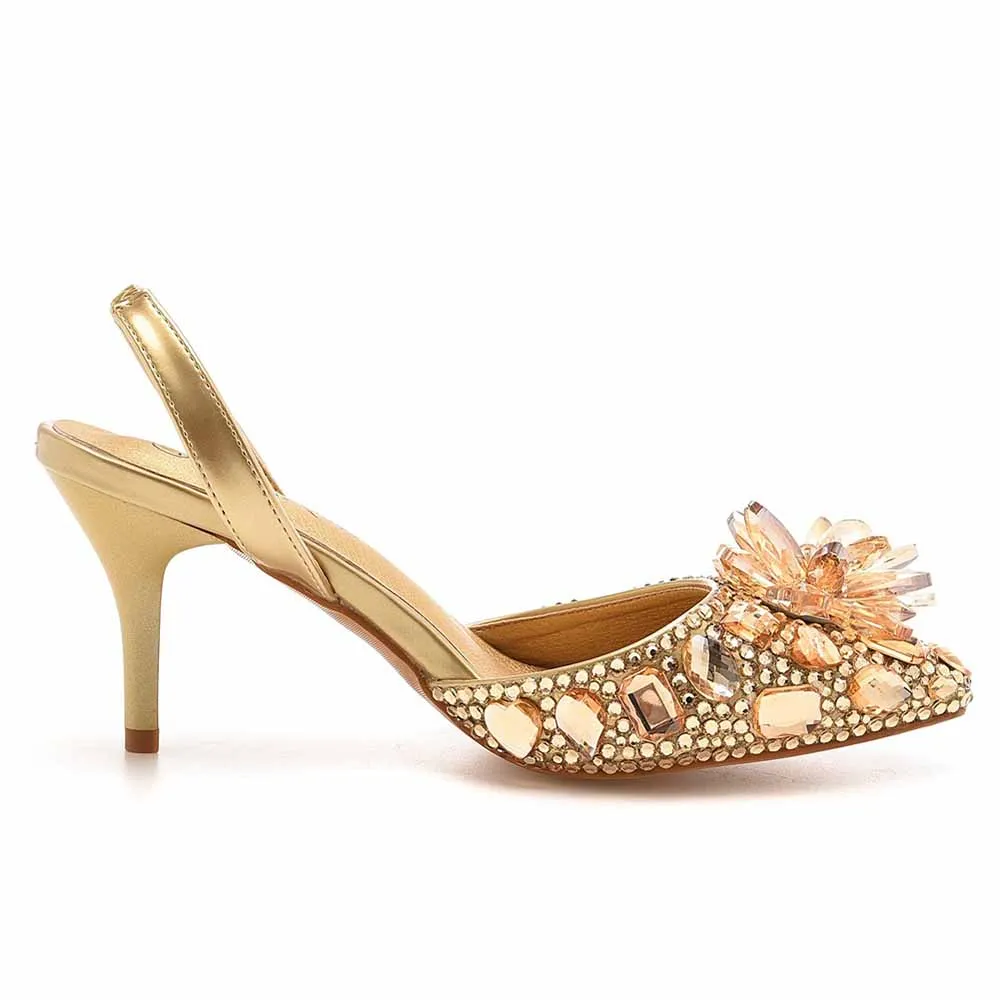 Pointed Toe Gold Rhinestone Crystal Low Prom Heels Wedding Shoes