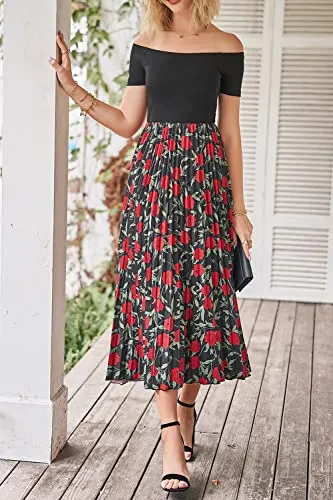 PRETTYGARDEN Women's 2023 Summer Patchwork Maxi Dress Casual Off The Shoulder Short Sleeve Pleated Long Dresses (Black Rose,Medium)