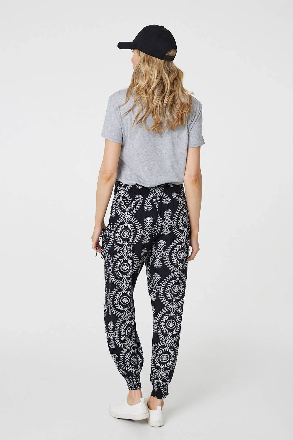 Printed Smocked Waist Harem Pants