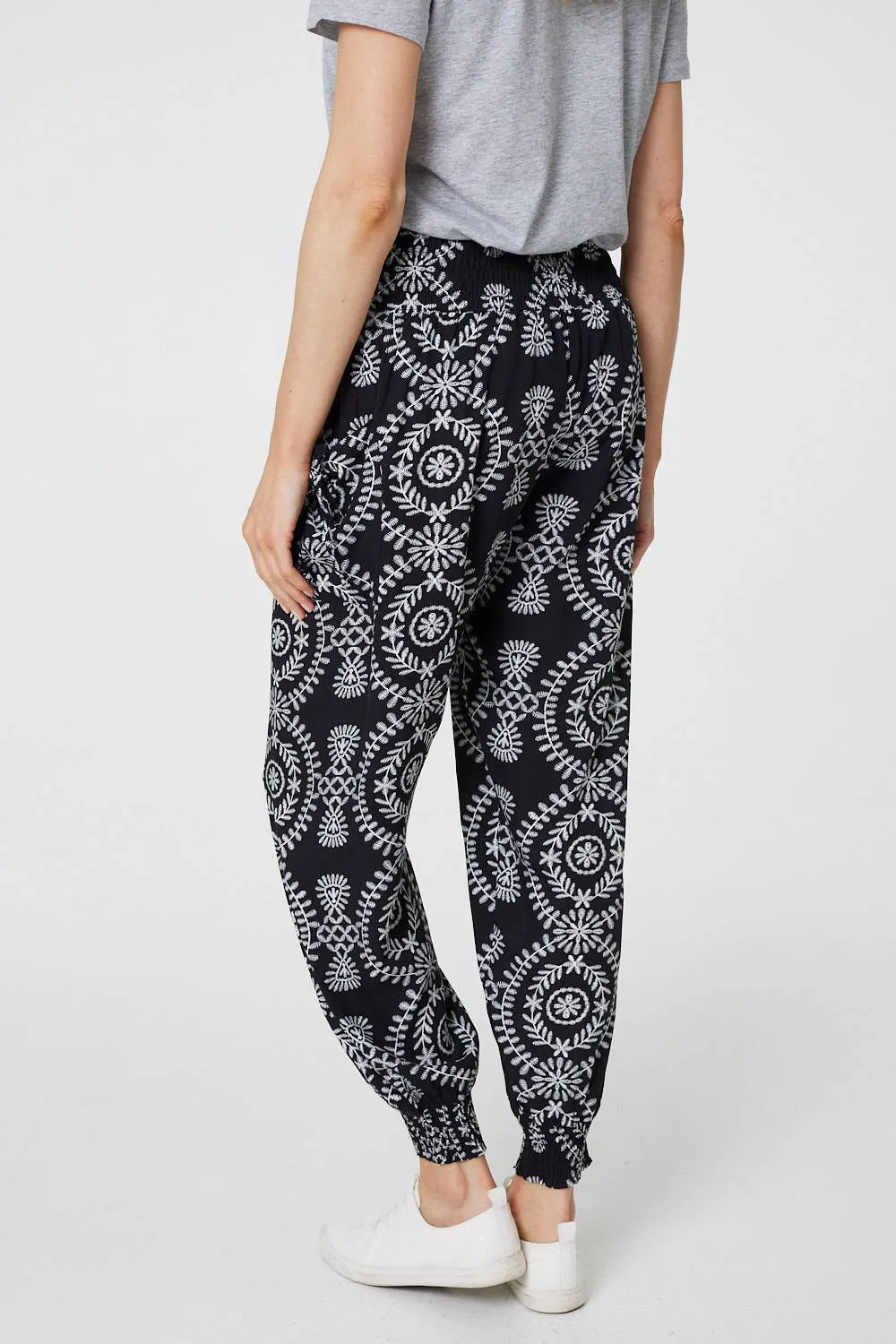 Printed Smocked Waist Harem Pants