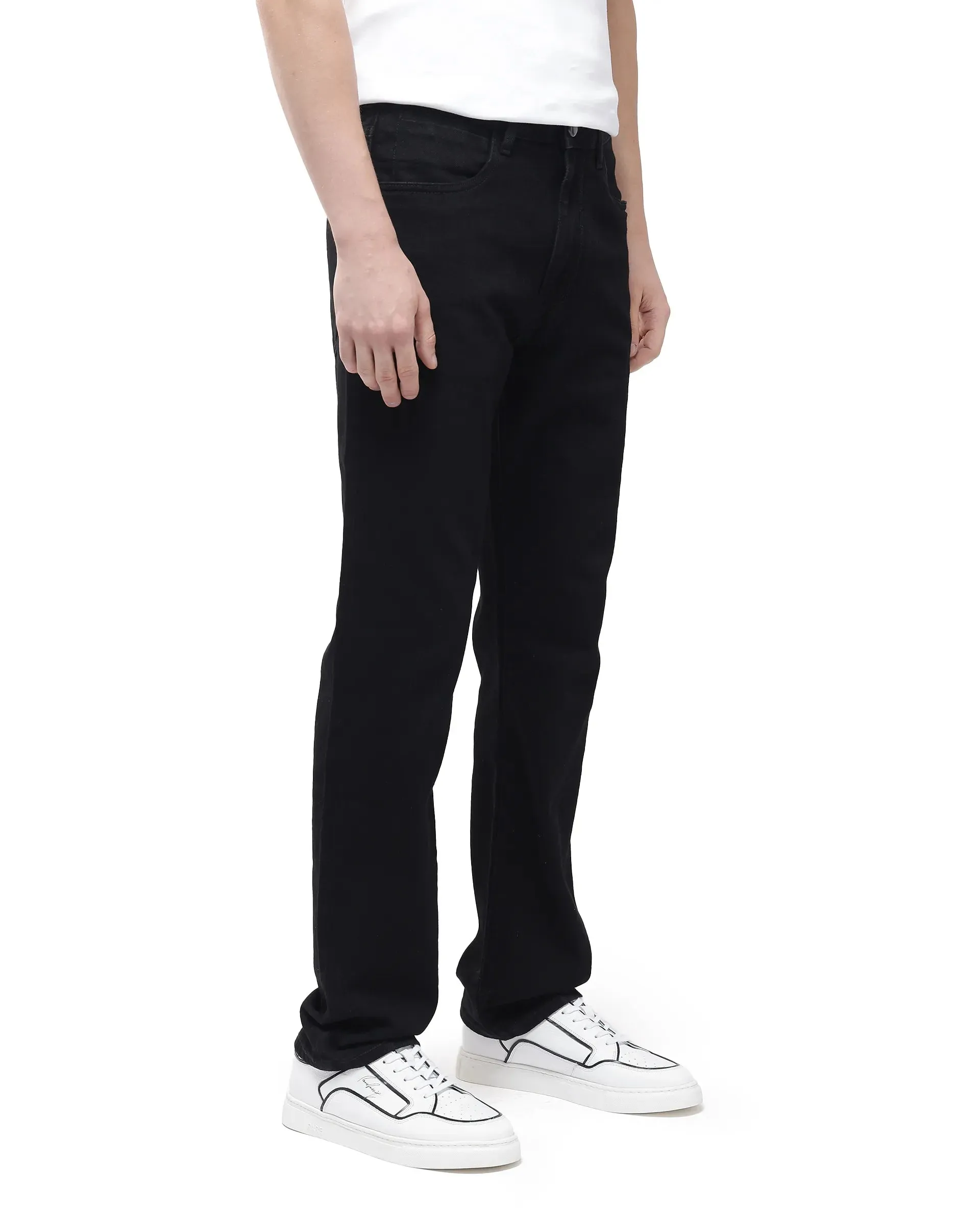 Rare Rabbit Men Rosic Black Cotton Fabric Regular Fit Mid Rise Rinse Wash Solid Denim Trousers