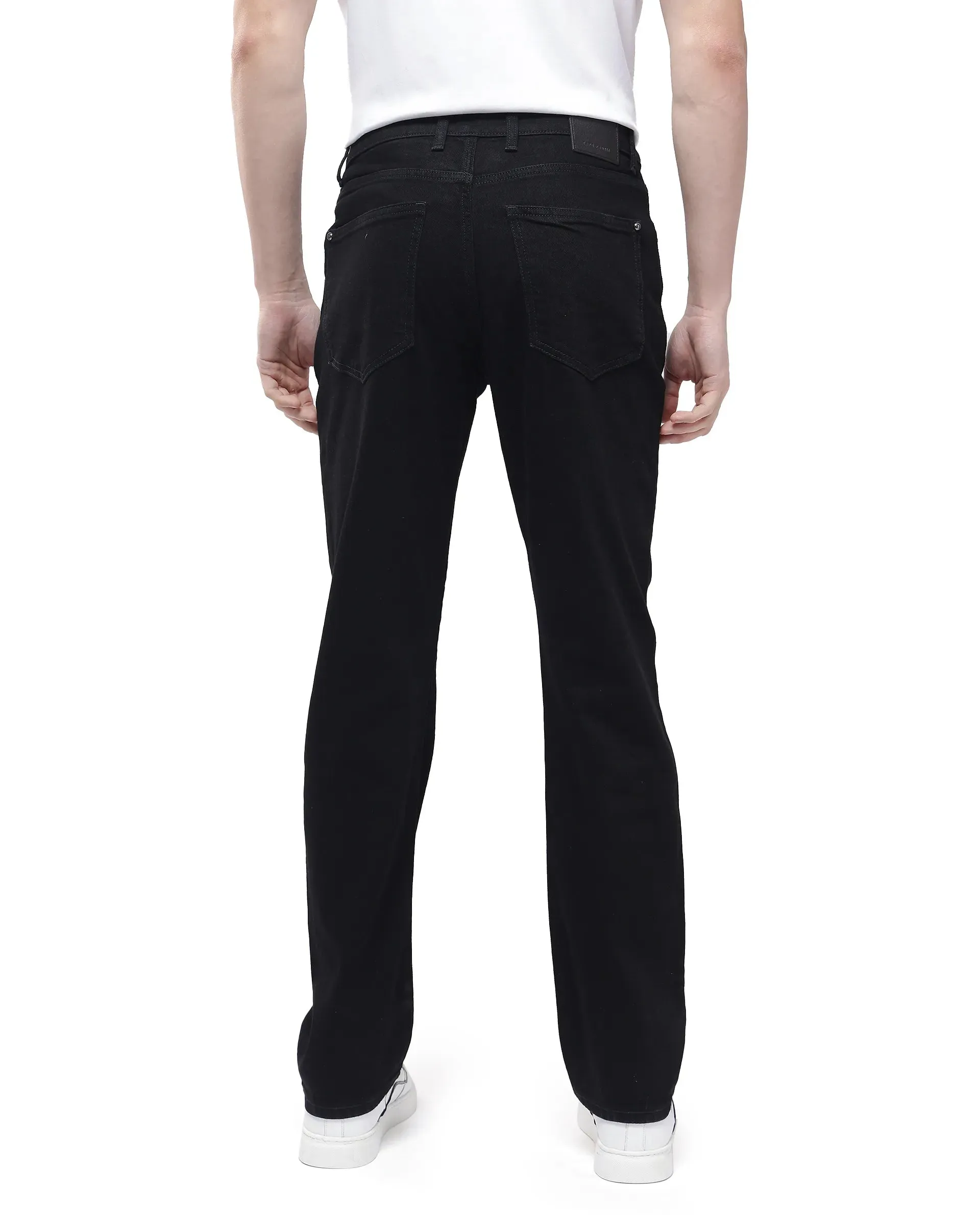 Rare Rabbit Men Rosic Black Cotton Fabric Regular Fit Mid Rise Rinse Wash Solid Denim Trousers