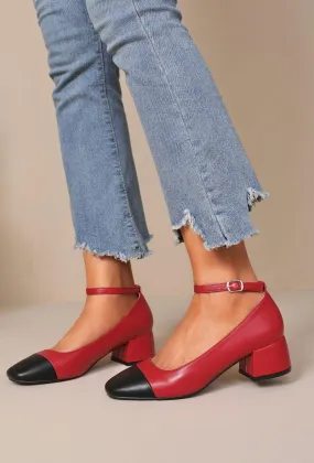 RED FAUX LEATHER CLOSED TOE MARRY JANE BLOCK HEELS