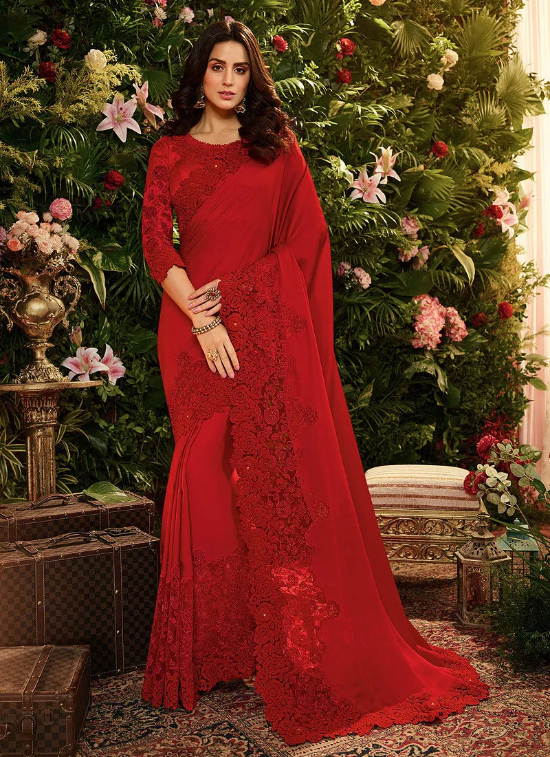 Red Floral Embroidered Bridal Saree With Blouse