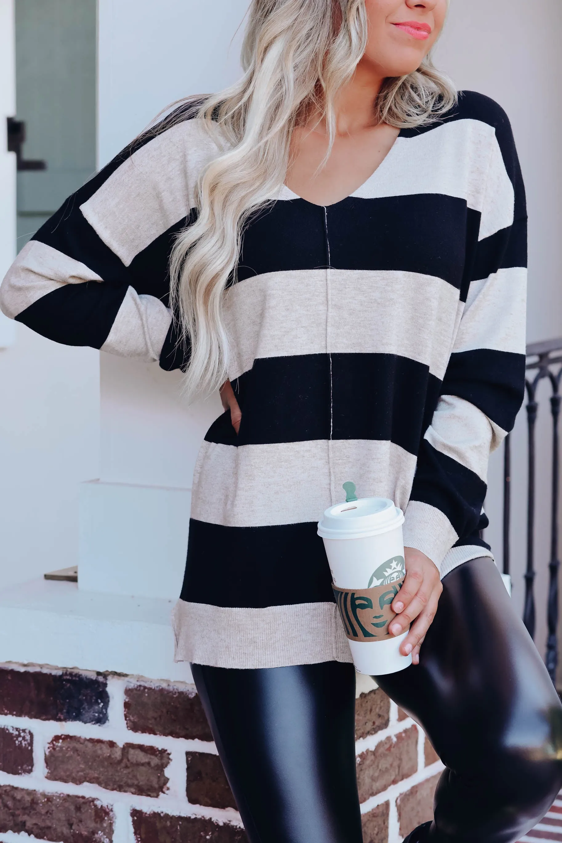 Salvador Striped V-Neck Sweater - Black